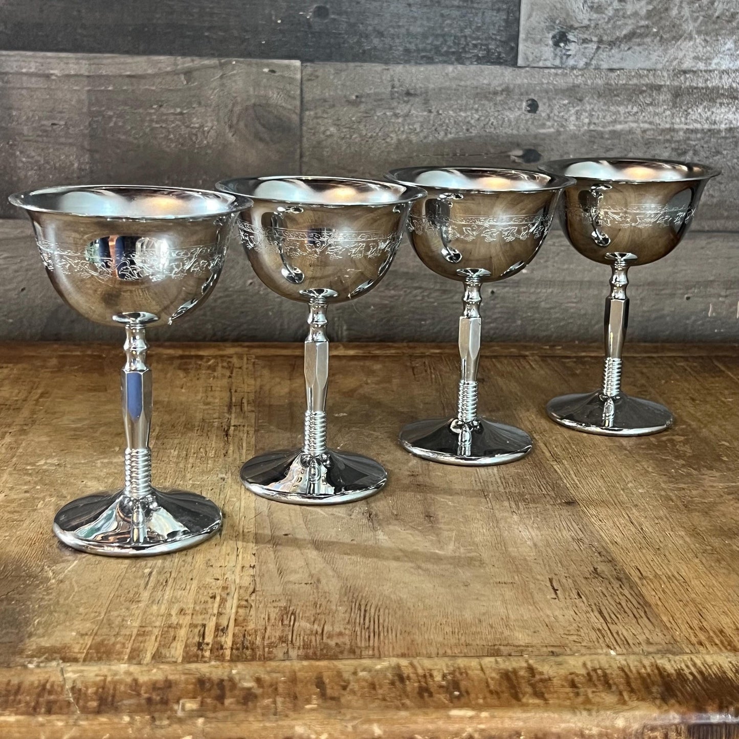 Vintage Set of 4 Art Deco Grapevine Etched Chrome Cocktail Coupes - Cocktail Glasses - Wine Glasses - Goblets - Long Stem Glasses