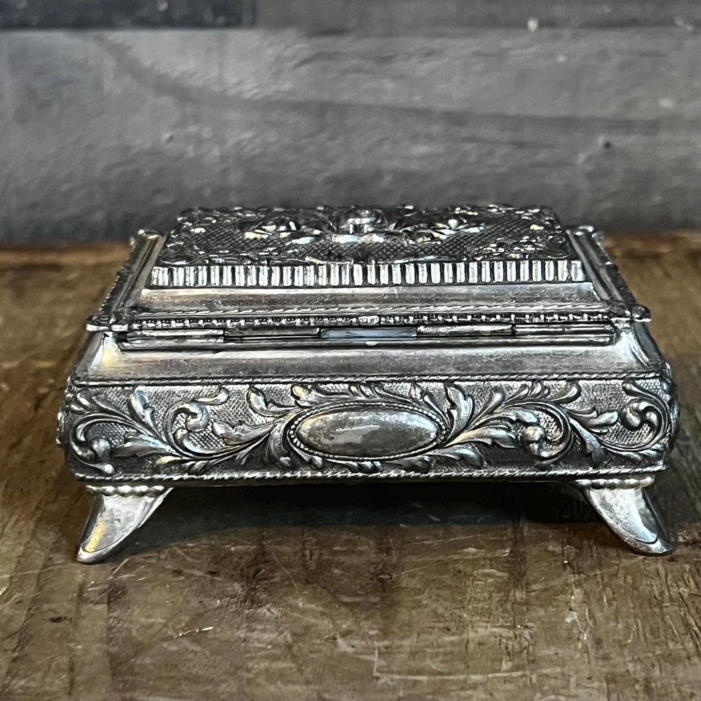 Vintage Rectangular Hinged Lidded Footed Trinket Box - Jewelry Box with Floral Accents