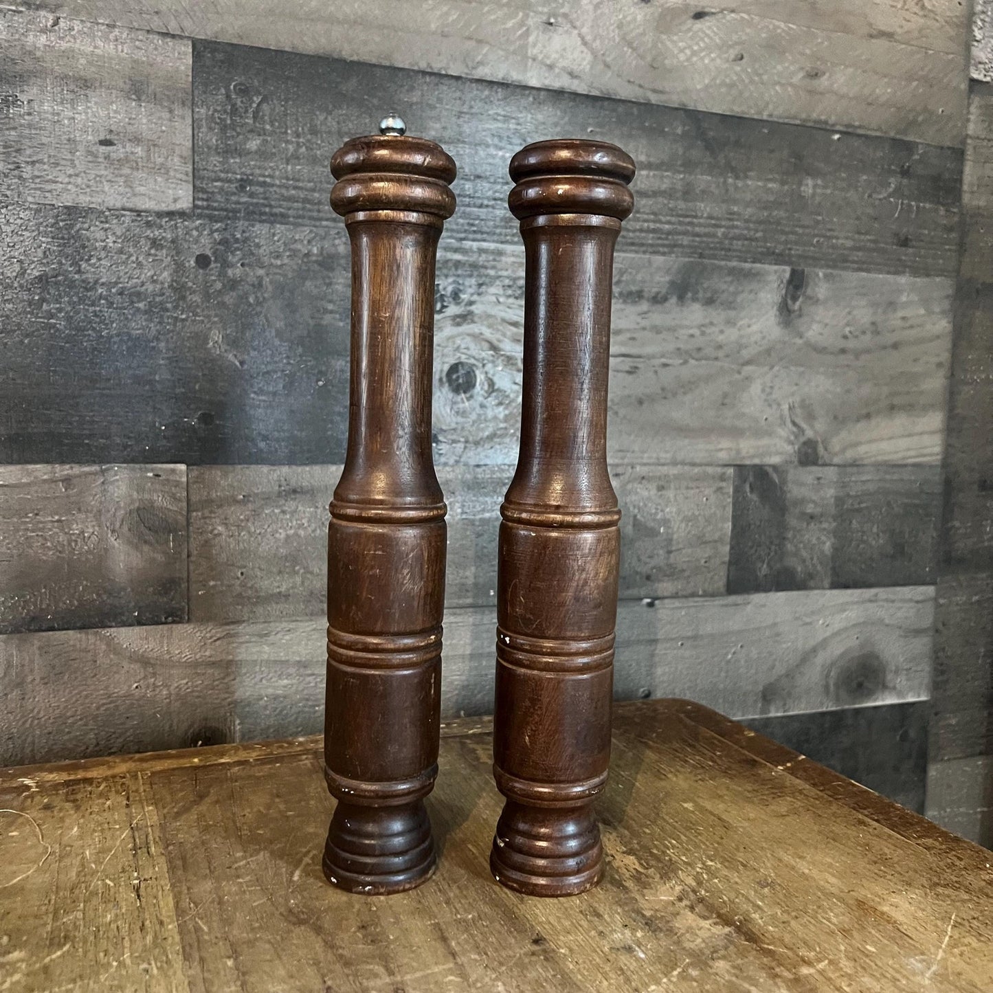 Vintage Tall Wooden Salt and Pepper Shaker / Grinder