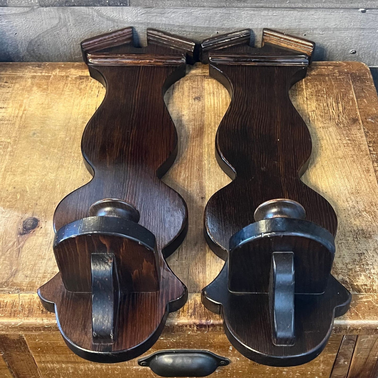 Vintage Pair of Wooden Candlestick Wall Sconces