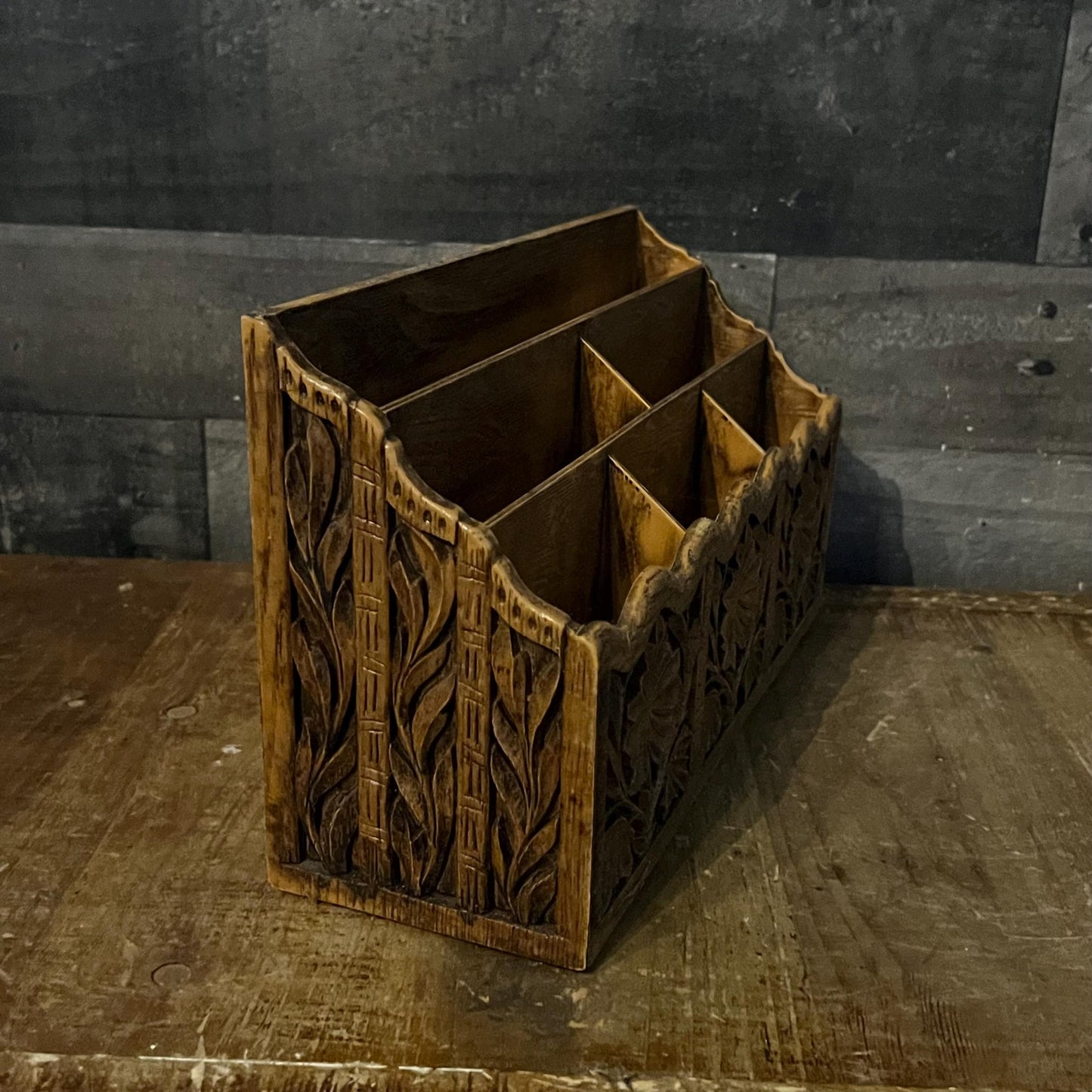 Vintage Lerner Faux Carved Wood Desk Organizer - Letter Holder - Mail Holder - Pencil Holder - Pen Holder