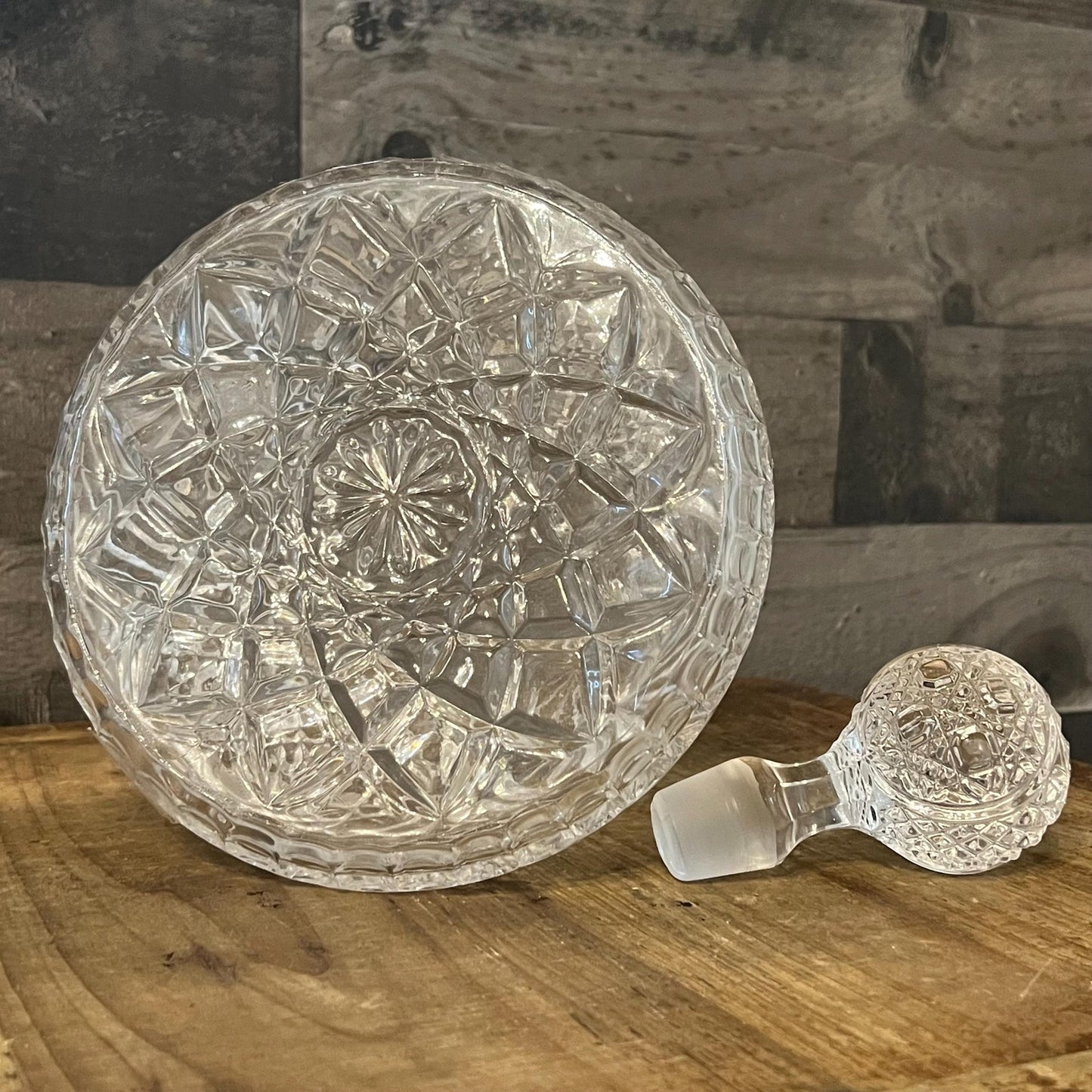 Vintage Crystal Ships Decanter with Pinwheel and Checkered Design and Ball Stopper