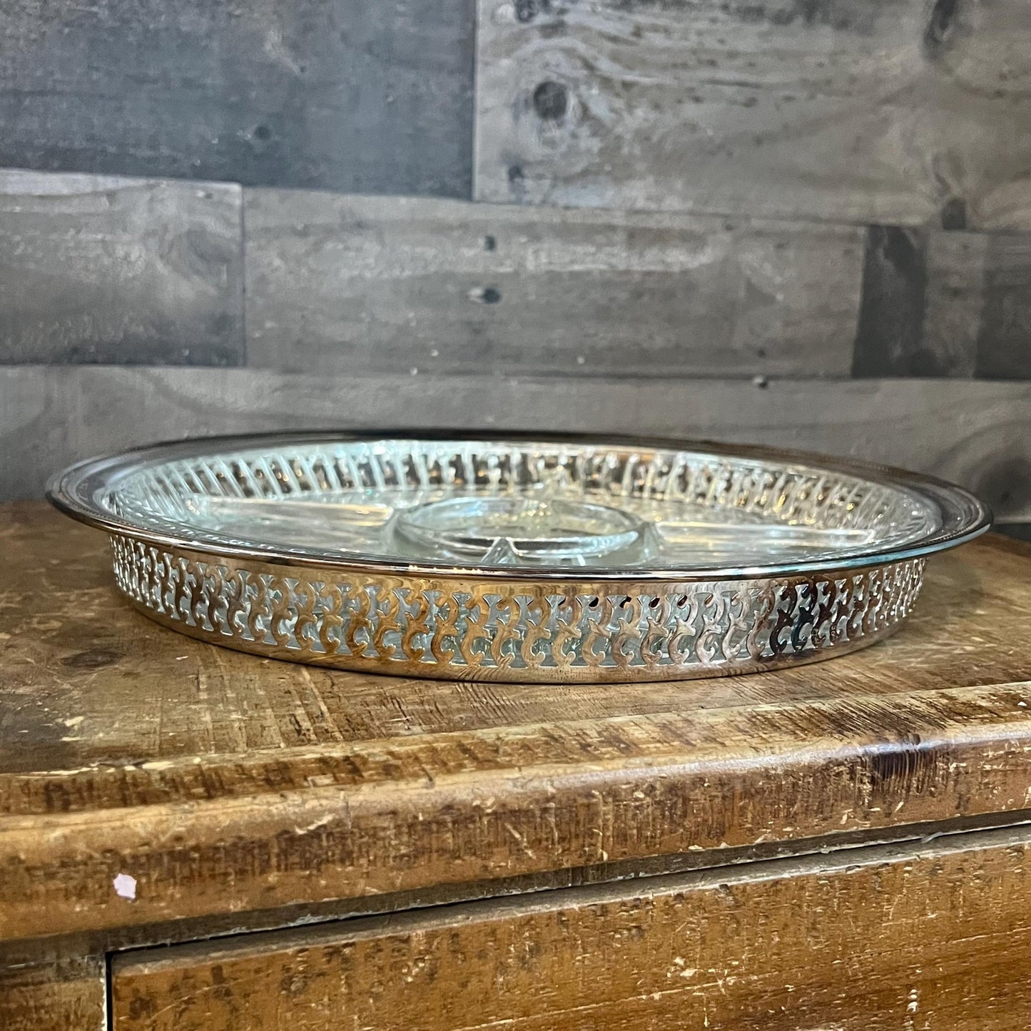 Vintage Oneida Round Silverplated Tray with Raised Reticulated Rim and Divided Glass Compartment Tray Insert