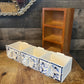 Vintage Wood Spice Cabinet Box with 3 White and Blue Ceramic Drawers