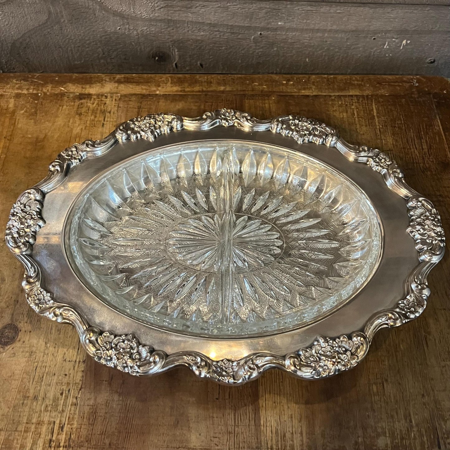 Vintage Poole Lancaster Rose 439 Silverplated Oval Tray with Floral Accent and Crystal Divided Insert