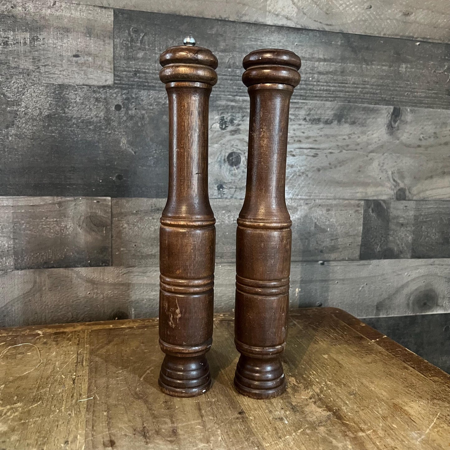 Vintage Tall Wooden Salt and Pepper Shaker / Grinder