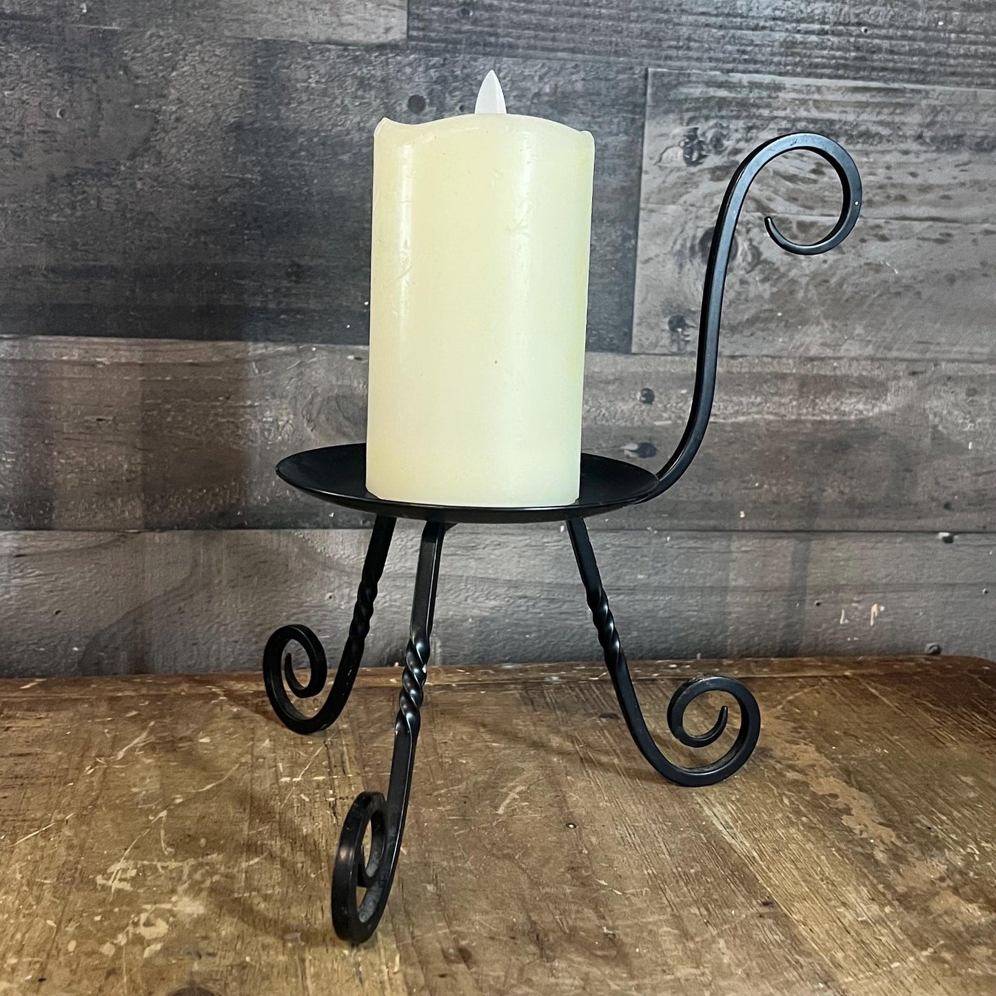 Vintage Party Lite Black Iron Pillar Candle Holder with Handle