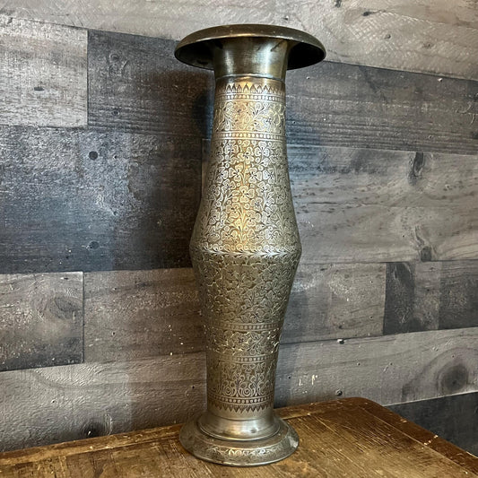 Tall Vintage Etched Brass Vase