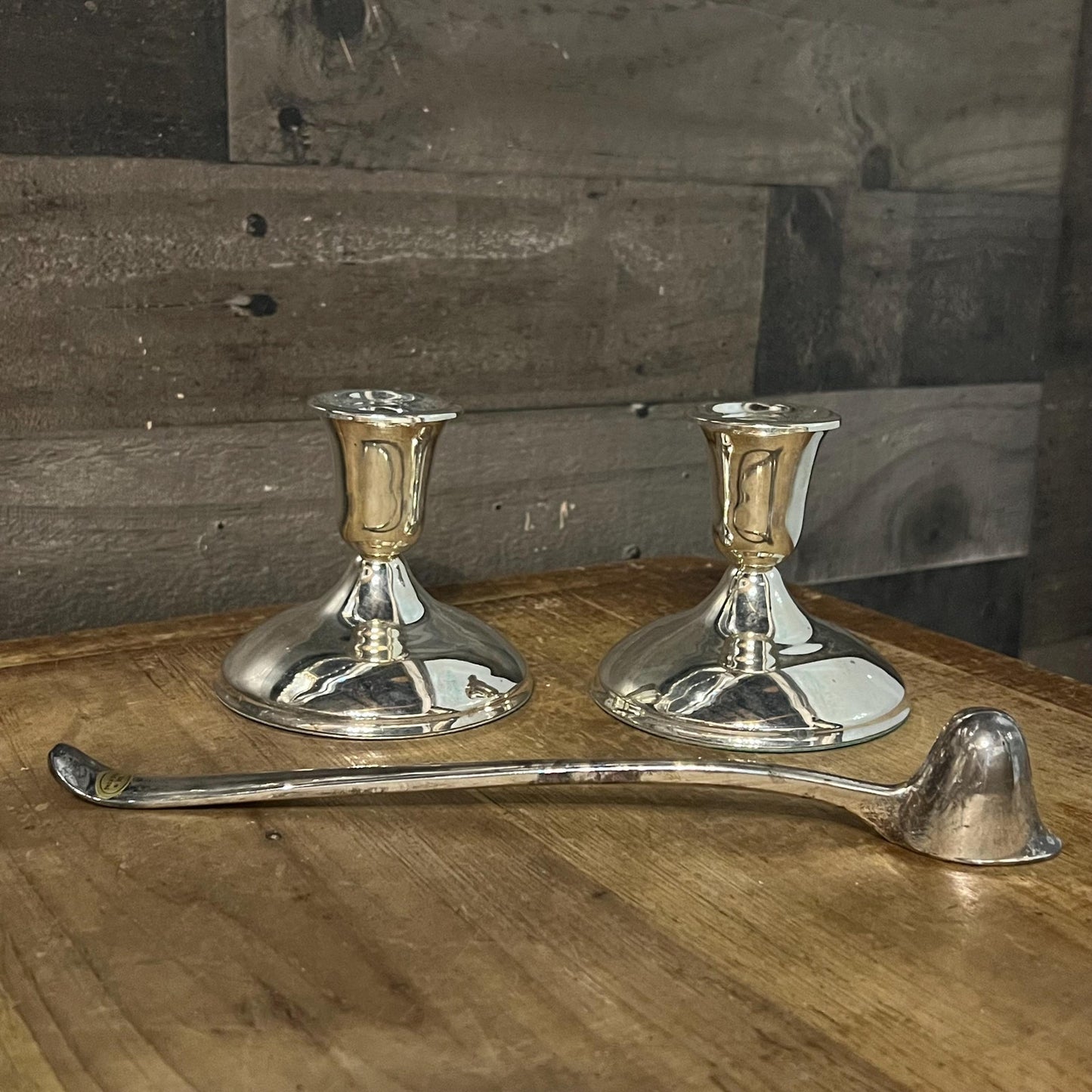 Vintage Pair of Silverplated Candlestick Holders and Long Handled Candle Snuffer