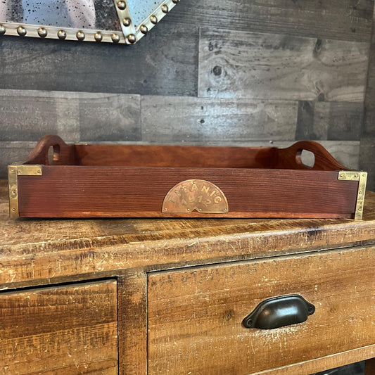 Vintage Wooden Rectangular Handled Copper and Brass Accent Titanic 1912 Coffee Table Tray - Serving Tray - Bar Tray