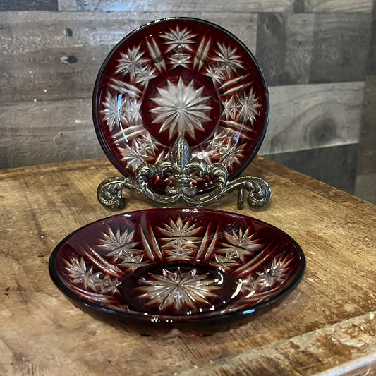 Vintage Crystal D’Arques Ruby Red Cut to Clear Shallow Bowls - Pair