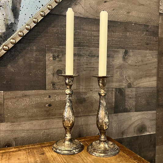 Aged Silver Tone Candlestick Holders - Pair