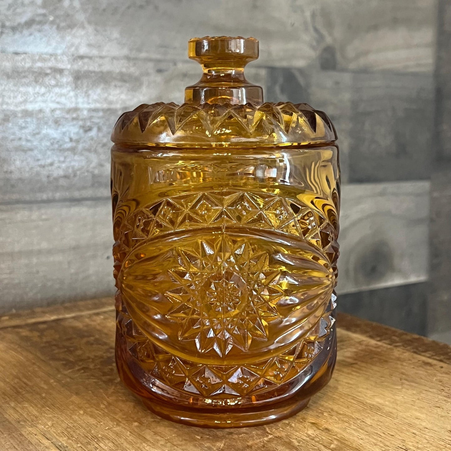 Imperial Amber Glass Marigold Hobstar Lidded Dish - Biscuit Jar