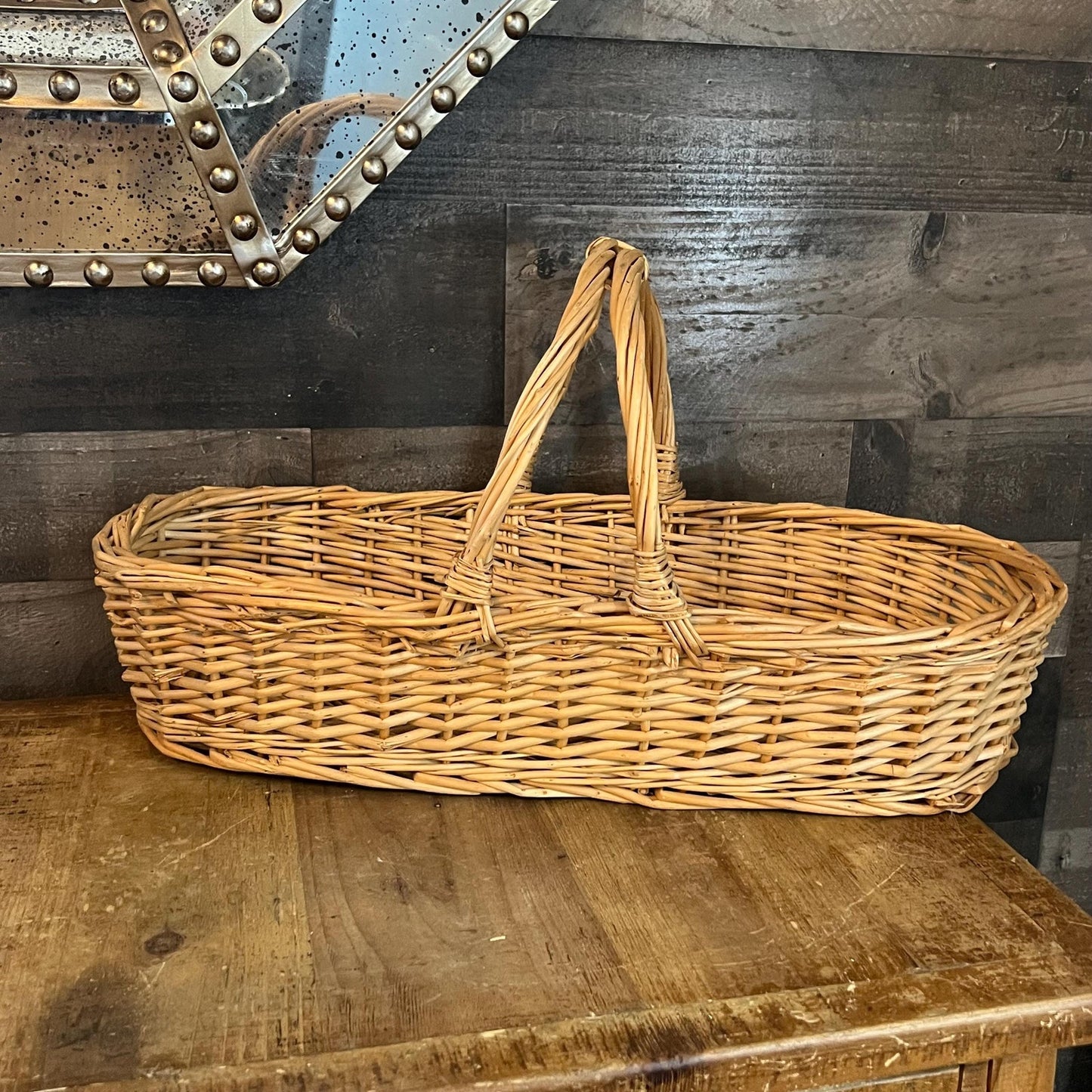 Woven Wicker Rattan Long Handled Basket - Flower Trug - Bread Basket