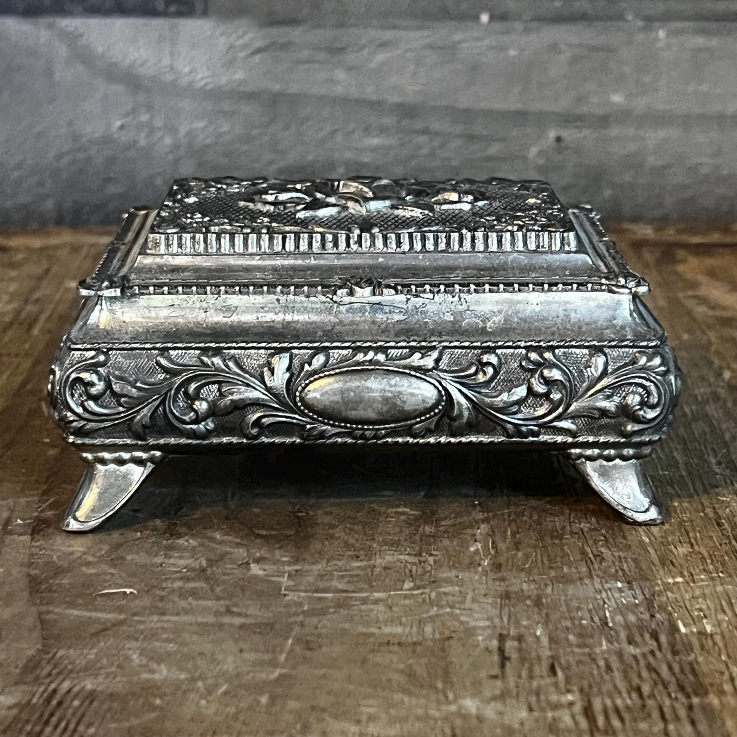 Vintage Rectangular Hinged Lidded Footed Trinket Box - Jewelry Box with Floral Accents
