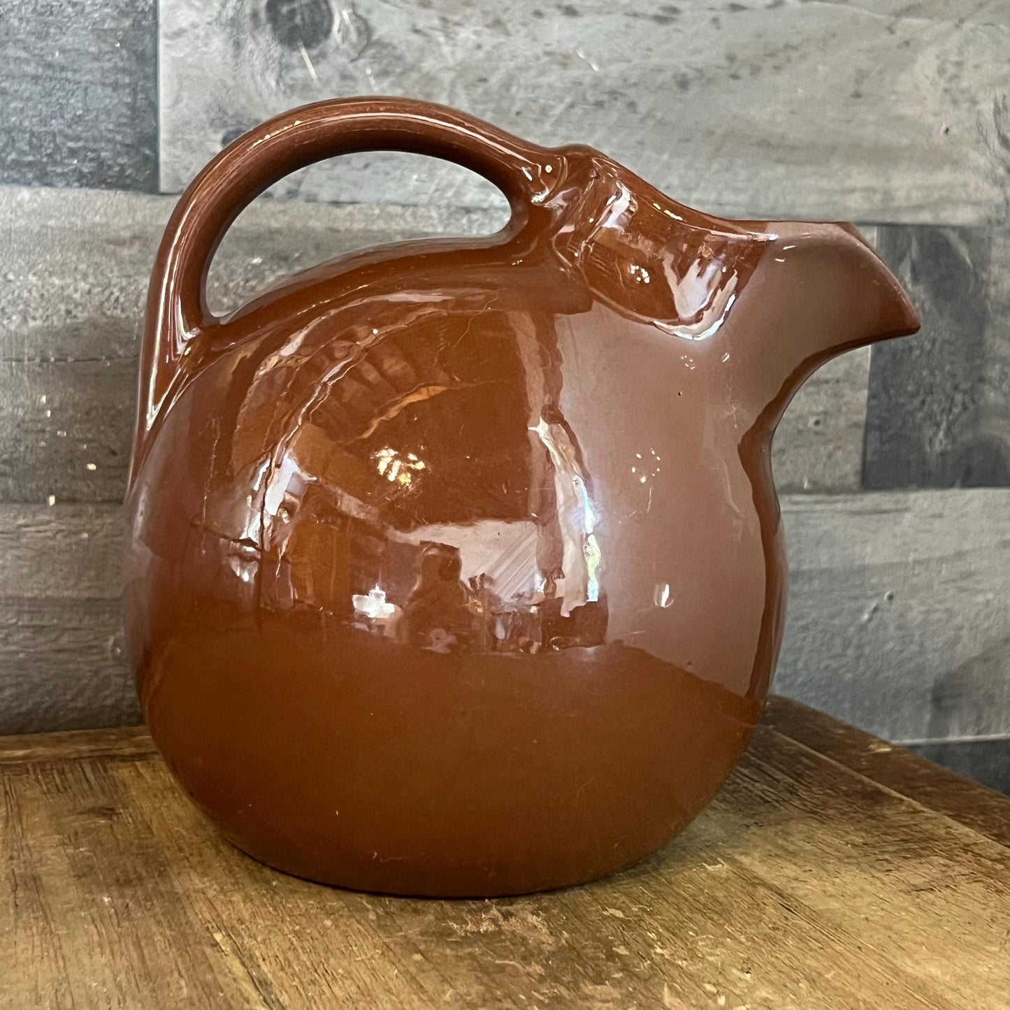 Vintage Hall Pottery Brown Handled Round Bubbly Pitcher