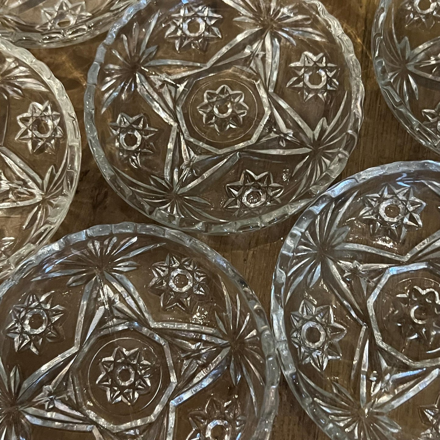 Vintage Set of 6 Crystal Coasters with Wooden Holder