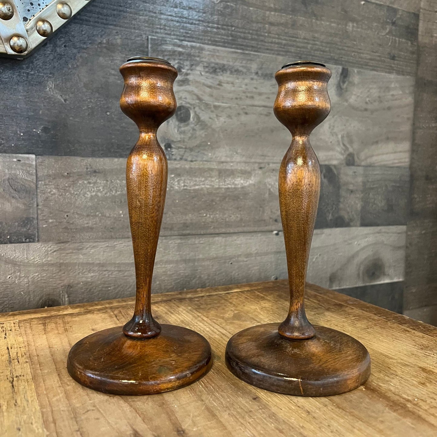 Vintage Pair of Wooden Candlestick Holders