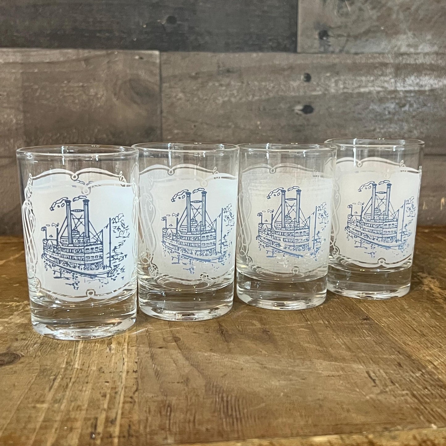 Vintage Set of 4 Royal USA Currier and Ives Blue Juice Glasses - Short Tumblers