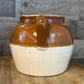 Vintage Blue Crown 2 Stamped Beige and Tan Two Tone Single Handle Crock - Bean Pot - USA Marking