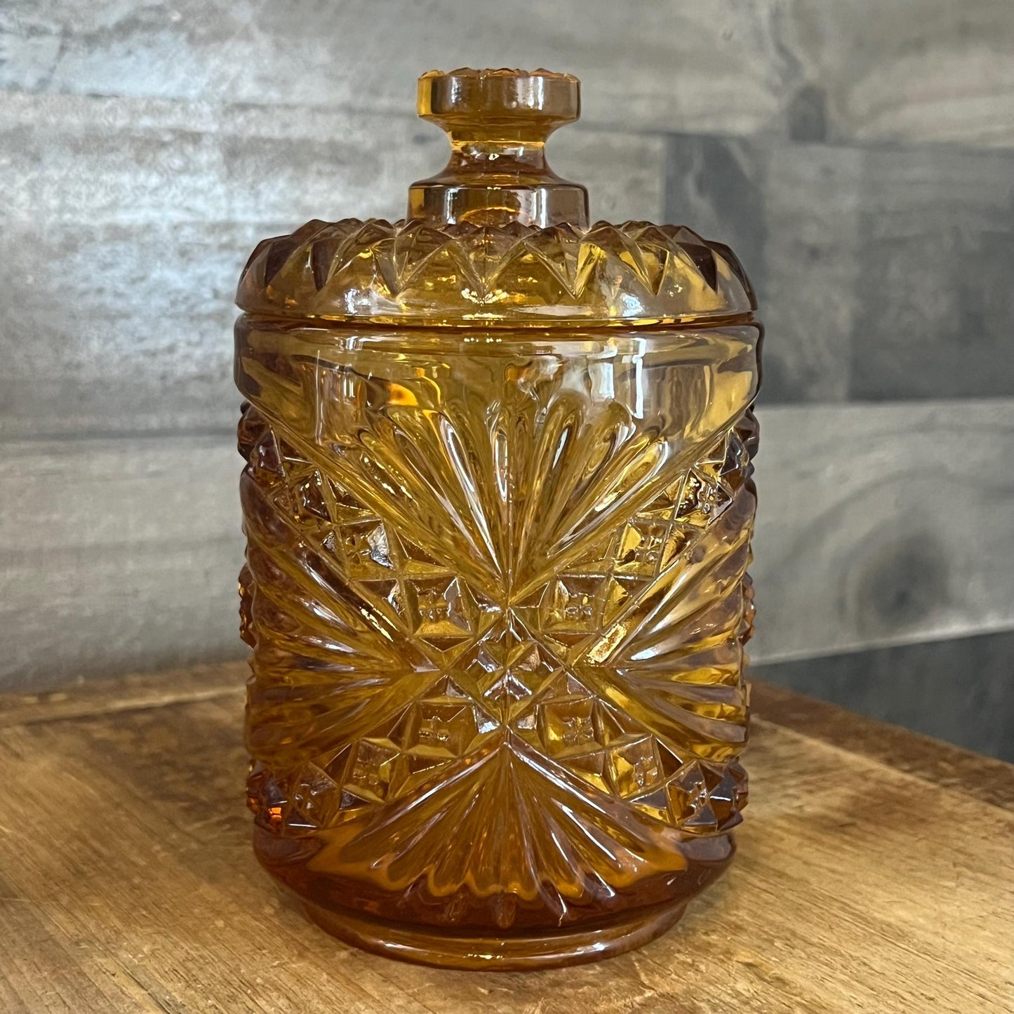 Imperial Amber Glass Marigold Hobstar Lidded Dish - Biscuit Jar