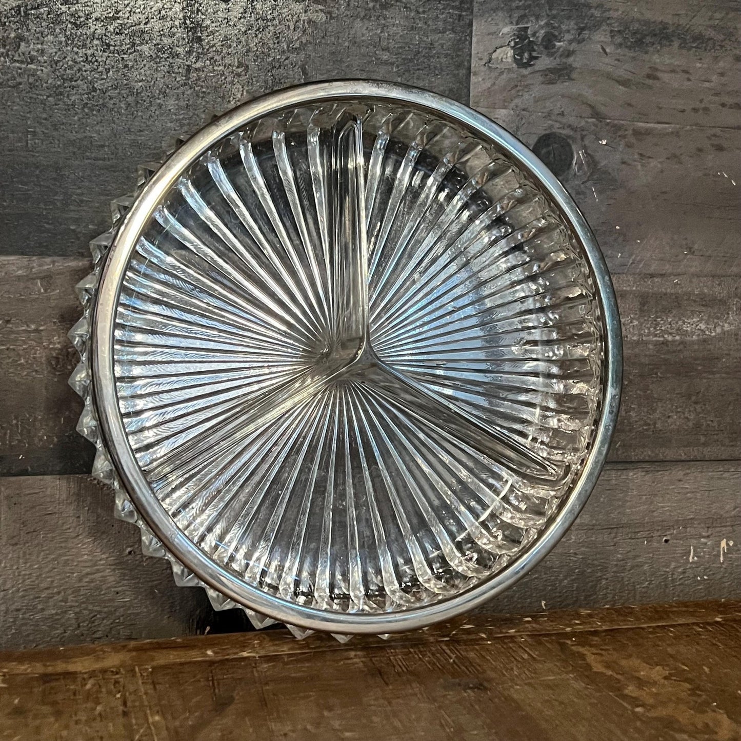 Vintage Crystal 3 Compartment Bowl with Silverplated Rim - Jewelry Dish - Candy Dish - Nut Dish - Berry Server