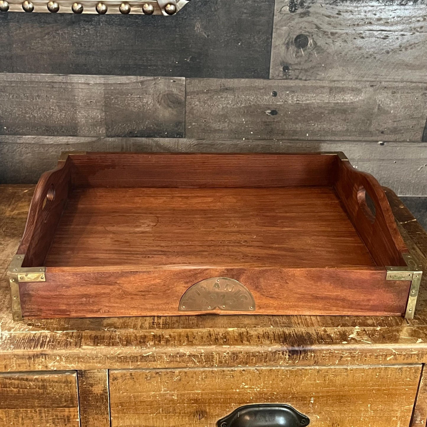 Vintage Wooden Rectangular Handled Copper and Brass Accent Titanic 1912 Coffee Table Tray - Serving Tray - Bar Tray