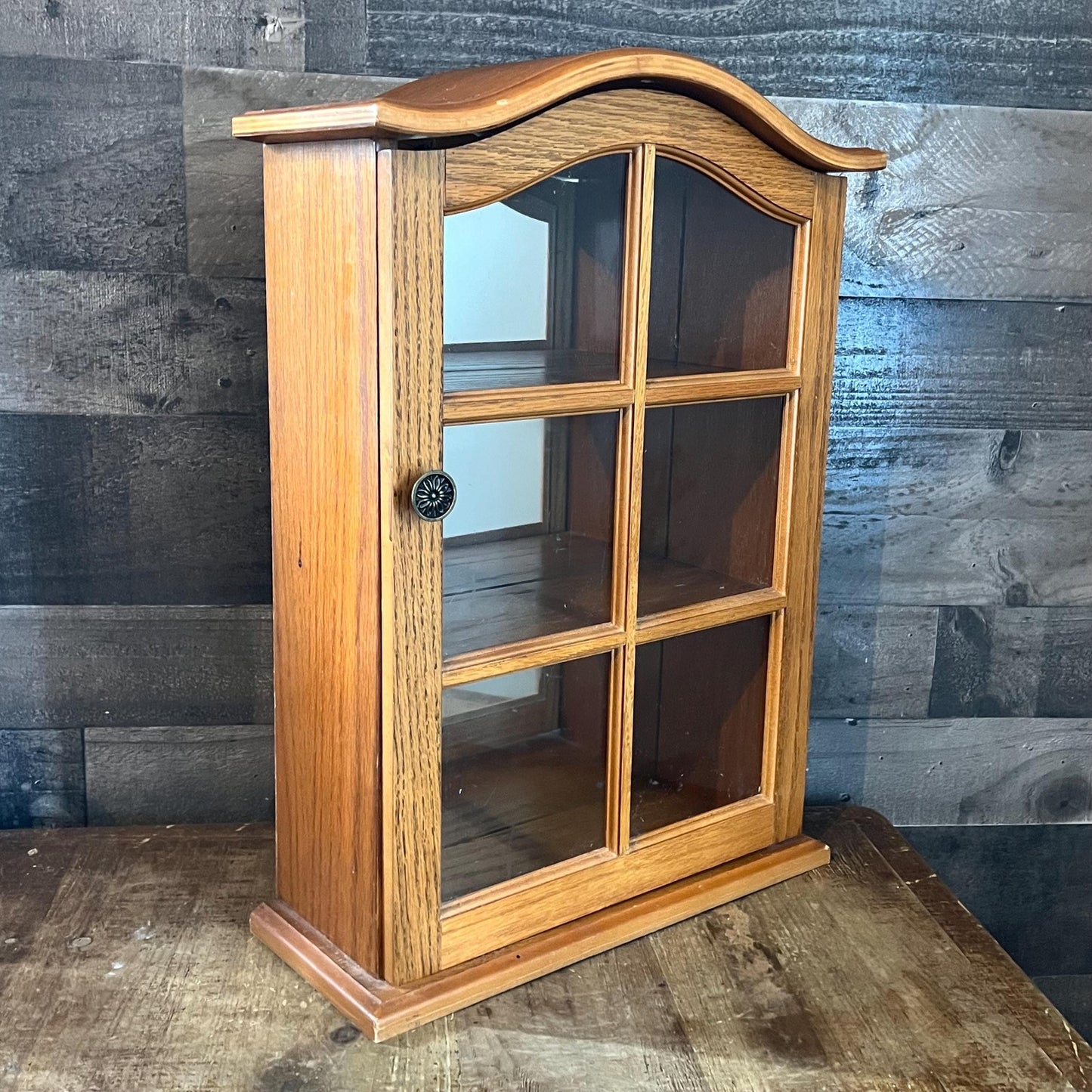 Small Vintage Wooden Wall Hanging Mirrored Back Curio Cabinet - Tabletop Curio - Countertop Curio