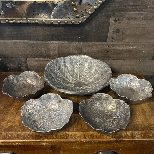 Vintage Wilton Armetale Majolica Cabbage Pewter Serving Bowl Set - 1 Large Majolica Cabbage Bowl and 4 Small Majolica Cabbage Bowls