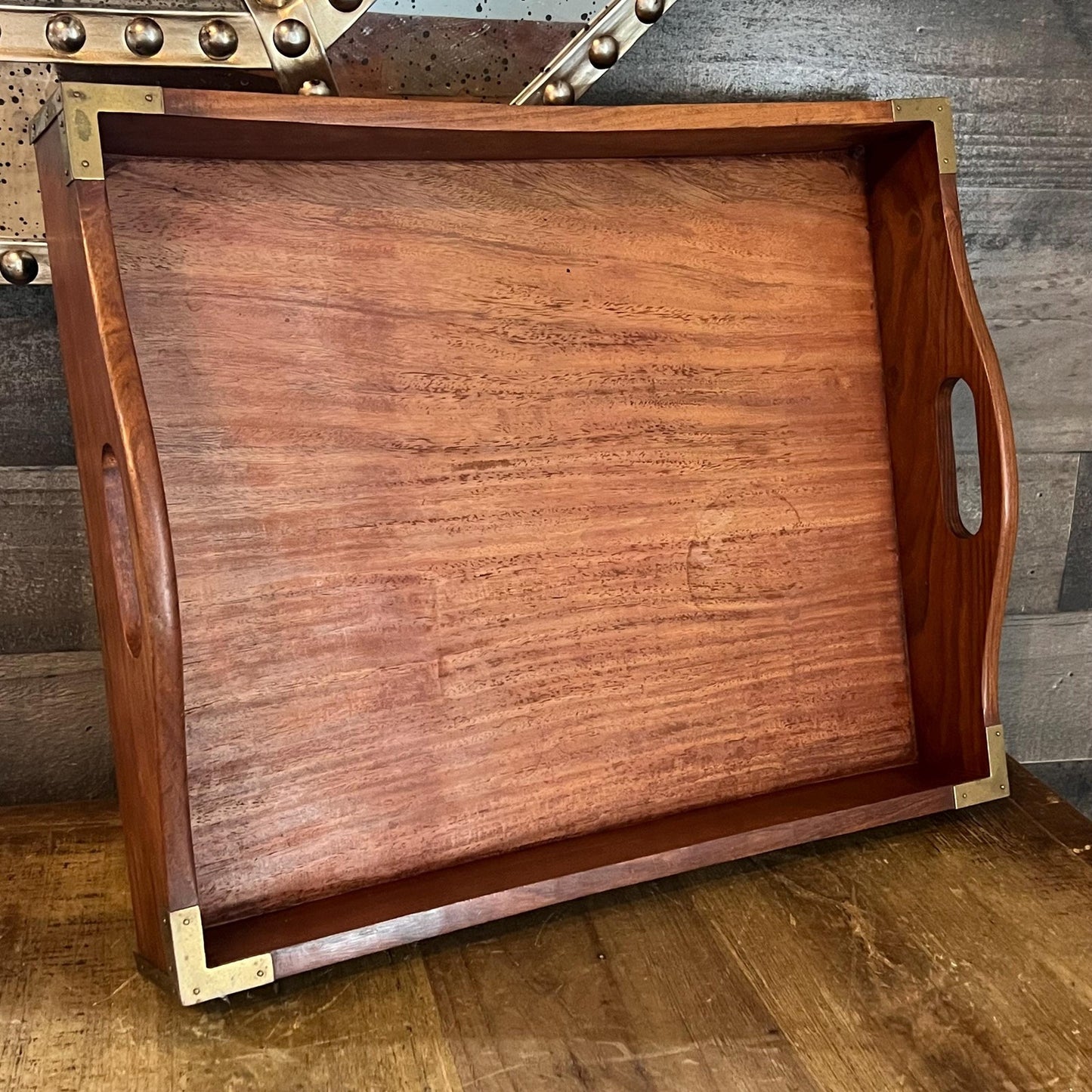 Vintage Wooden Rectangular Handled Copper and Brass Accent Titanic 1912 Coffee Table Tray - Serving Tray - Bar Tray