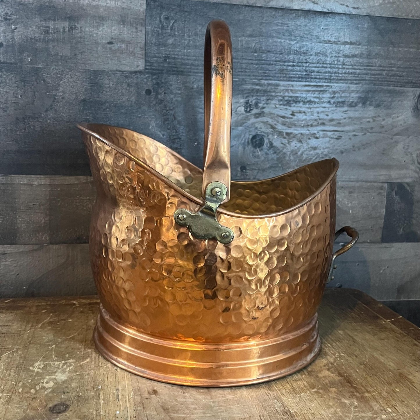 Antique Hammered Copper Brass Handle and Hardware Helmet Shaped Scuttle Bucket - Coal Bucket - Fireplace Bucket - Made in England