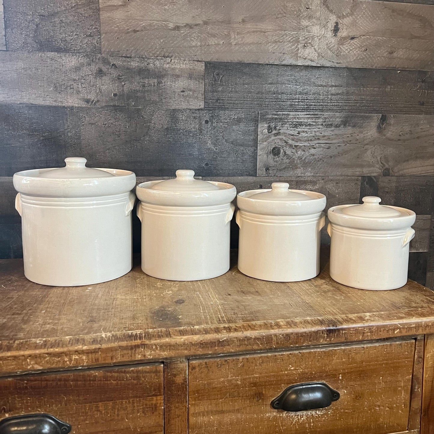 Vintage Pfaltzgraff Yorktowne Stoneware Lidded Canister Set Numbered in Blue 1, 2, 3, 4 - Set Of 4 - Made In USA - Crock Storage Jar Set