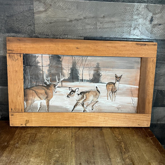Vintage Rectangular Rustic Painted Wood Winter Forest Deer Scene
