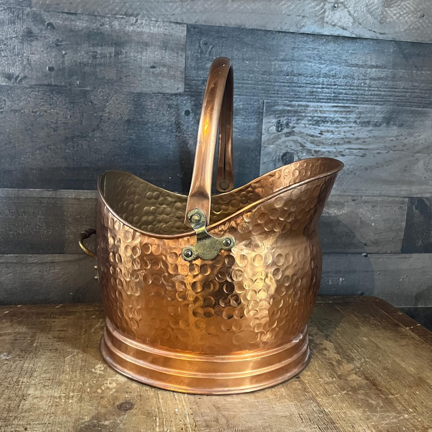 Antique Hammered Copper Brass Handle and Hardware Helmet Shaped Scuttle Bucket - Coal Bucket - Fireplace Bucket - Made in England
