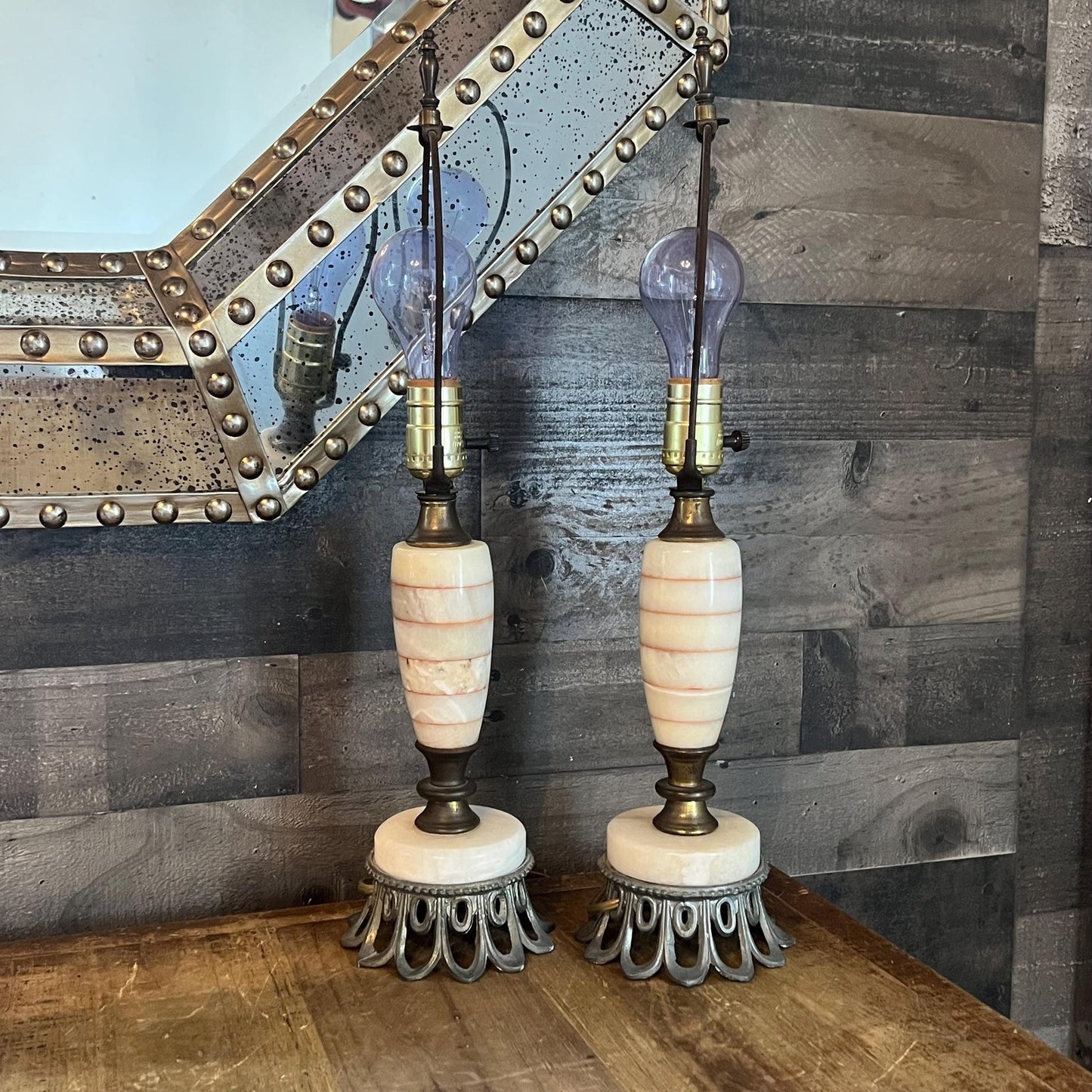 Vintage Pair of Creamy White Lamps with Orange/Pink Stripes and Brass/Metal Accents