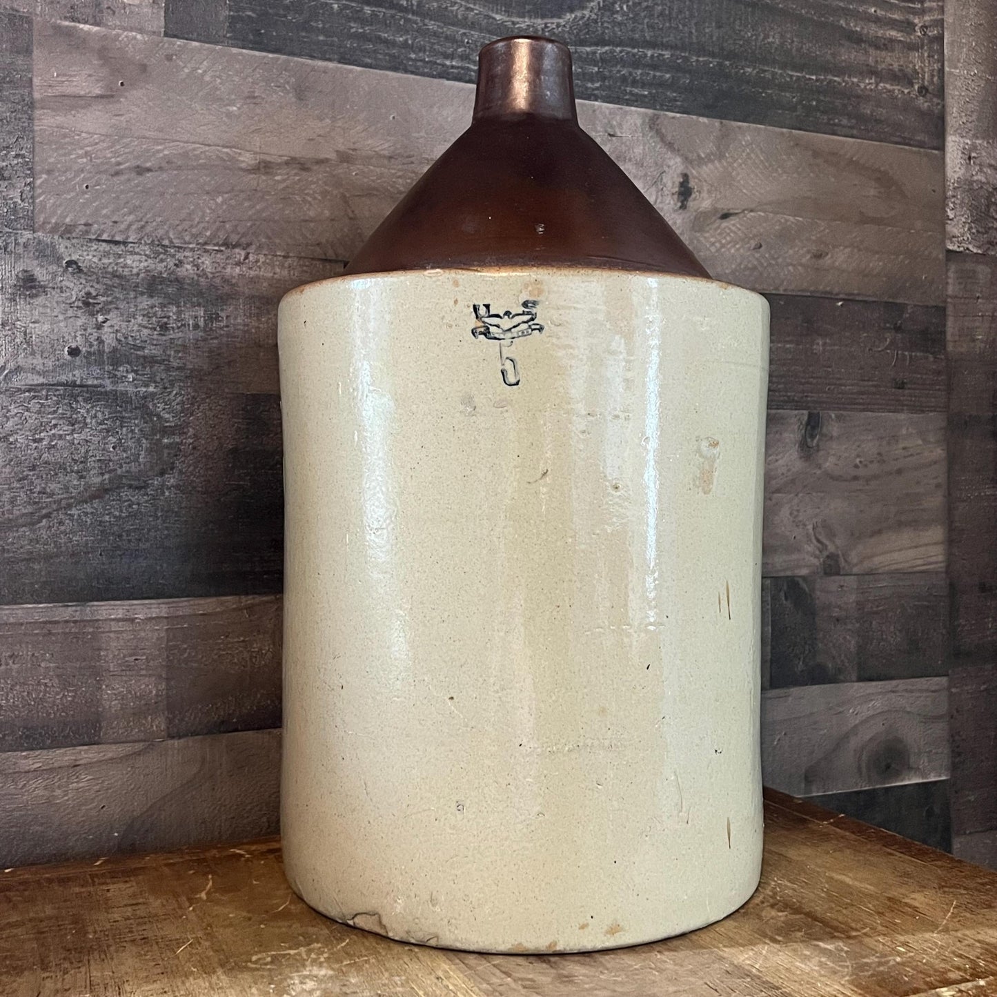 Antique 5 Gallon Blue U S Eagle Stamped Stoneware Jug - Whiskey Crock - Moonshine Crock - Brown and Beige Stoneware Crock