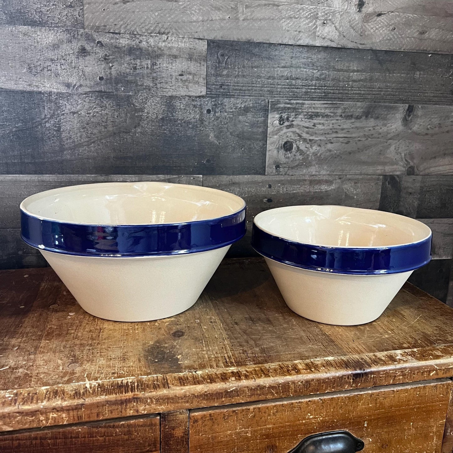 Vintage Grespots Digoins Beige and Blue Glazed Rim Large and Medium Mixing Bowls