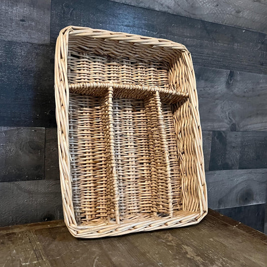 Vintage Woven Wicker Flatware Utensil Basket Tray Organizer