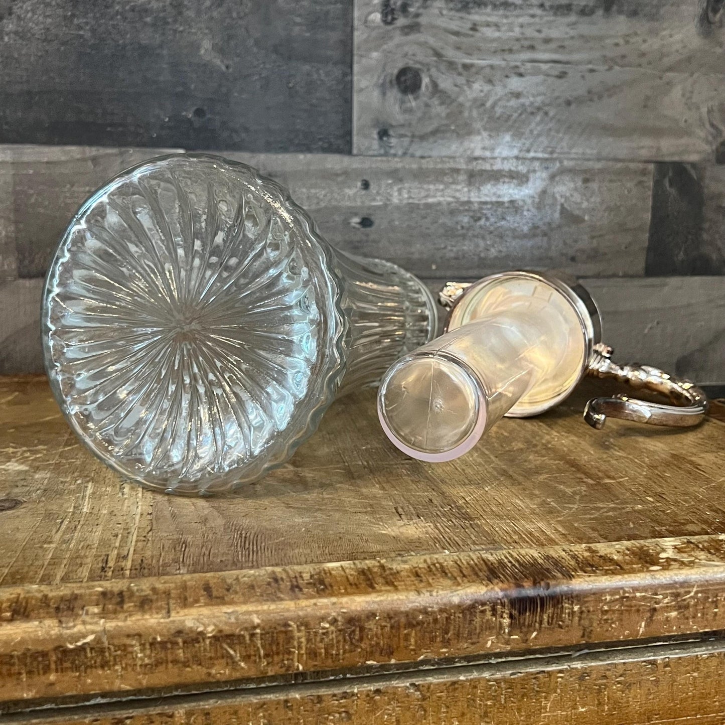 Vintage Crystal Pitcher with Silverplated Handle and Lid with Center Compartment