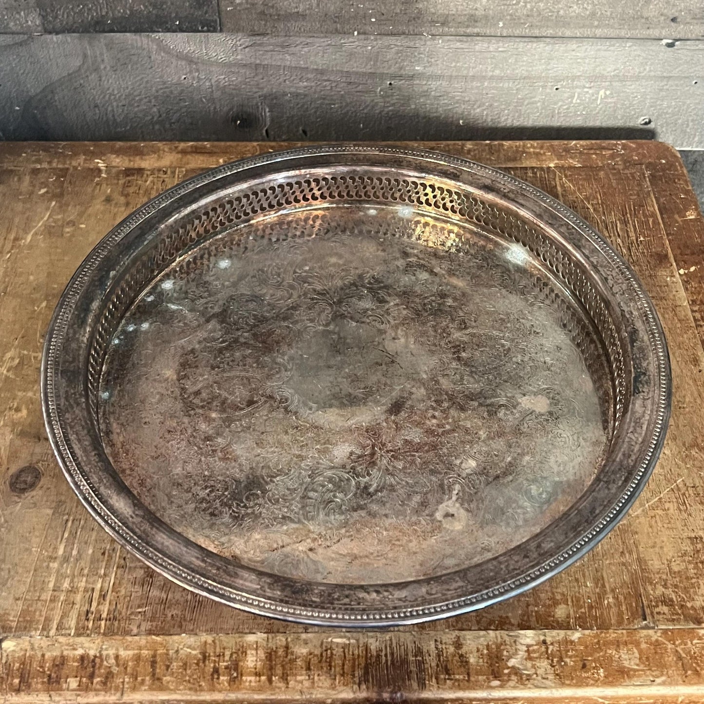 Vintage Oneida Round Silverplated Tray with Raised Perforated Rim