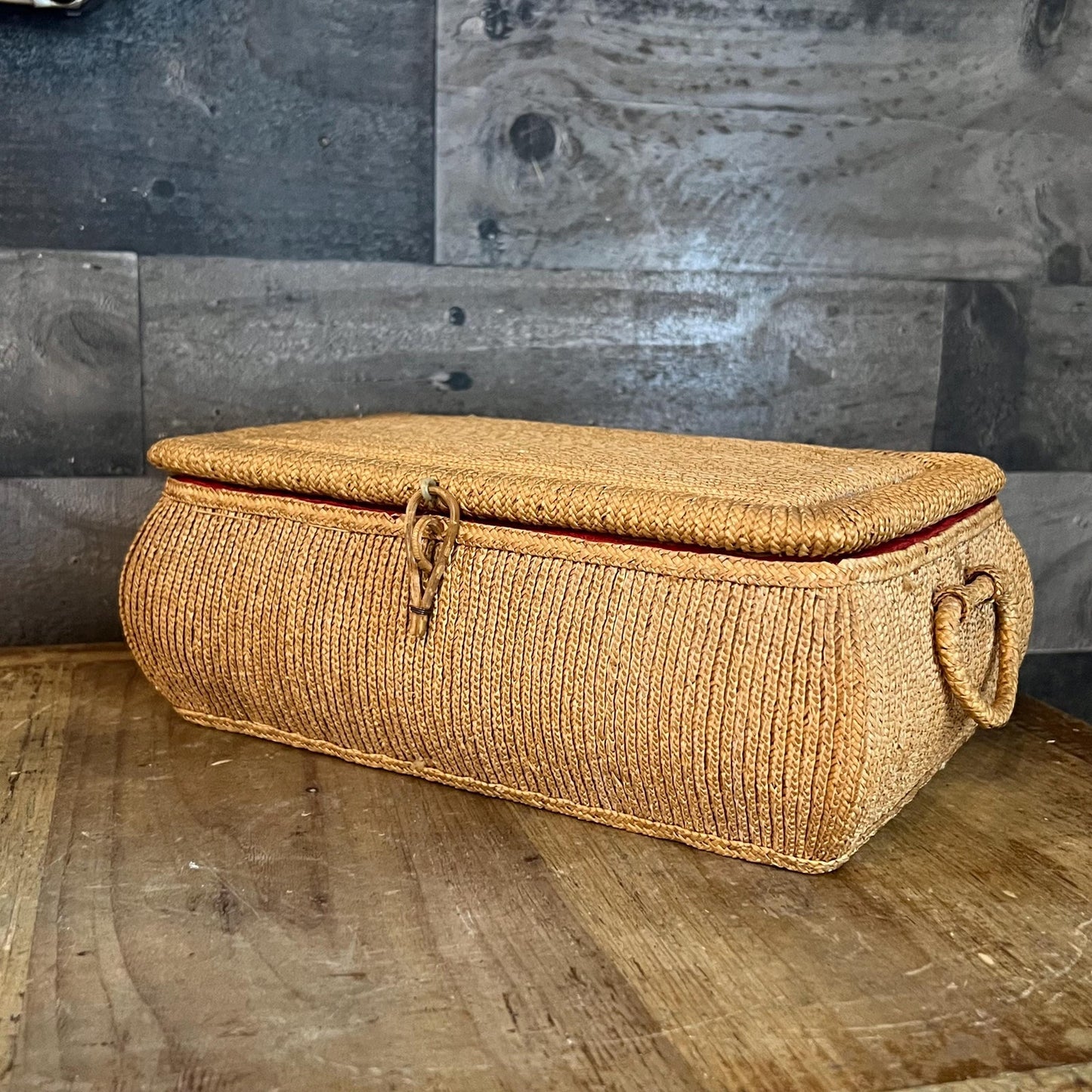 Vintage Republic of China Handled Woven Lidded Rectangular Trinket Box