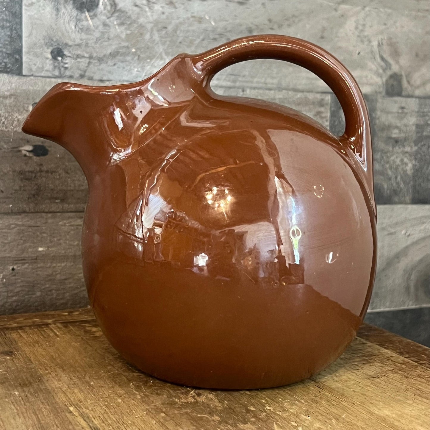 Vintage Hall Pottery Brown Handled Round Bubbly Pitcher