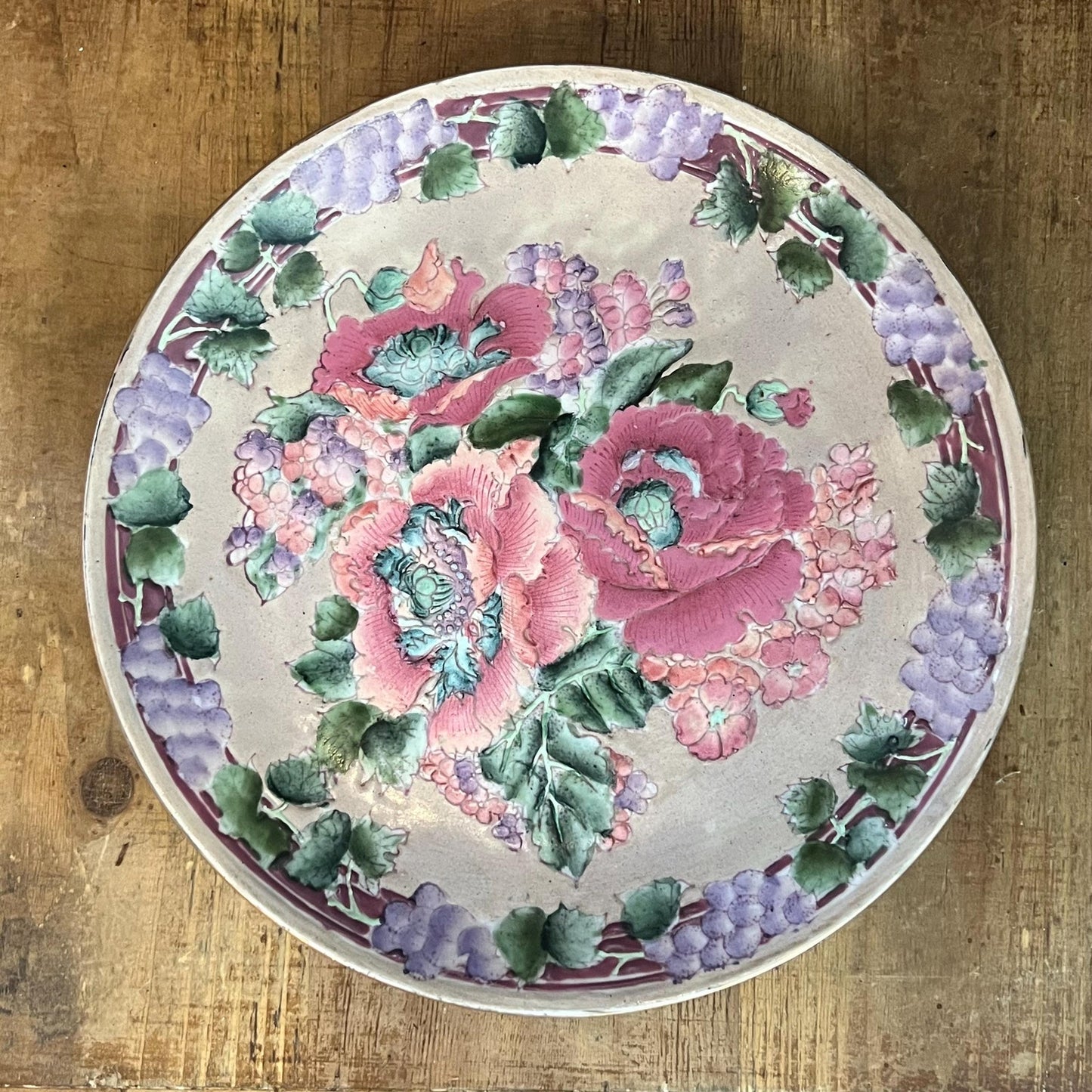 Vintage Hand Painted Porcelain Floral and Grapevine Round Plate