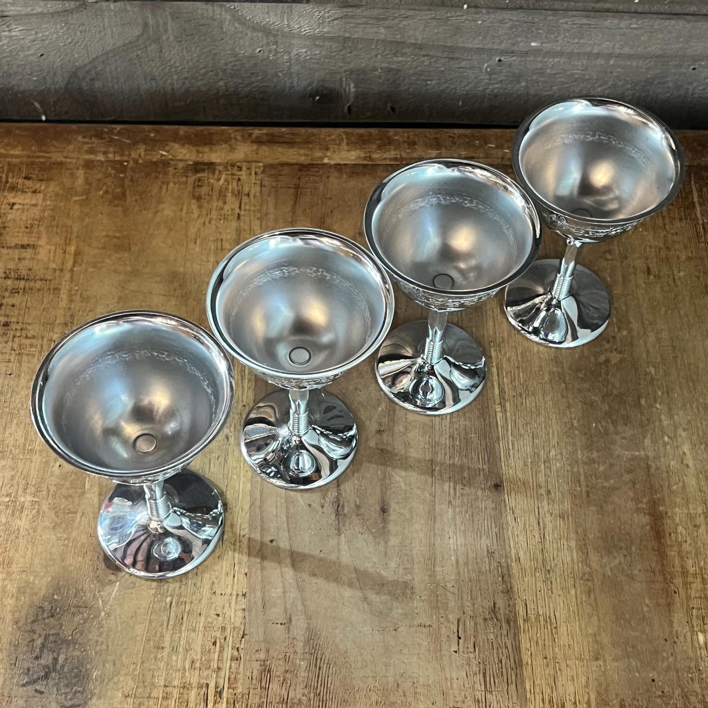 Vintage Set of 4 Art Deco Grapevine Etched Chrome Cocktail Coupes - Cocktail Glasses - Wine Glasses - Goblets - Long Stem Glasses