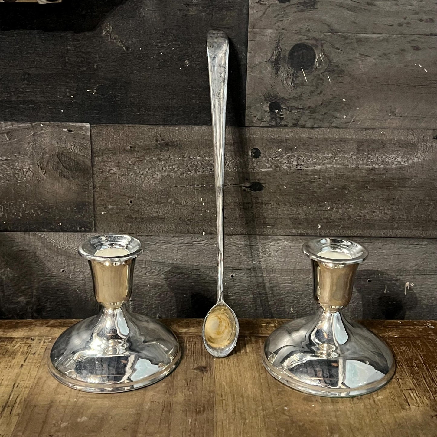 Vintage Pair of Silverplated Candlestick Holders and Long Handled Candle Snuffer