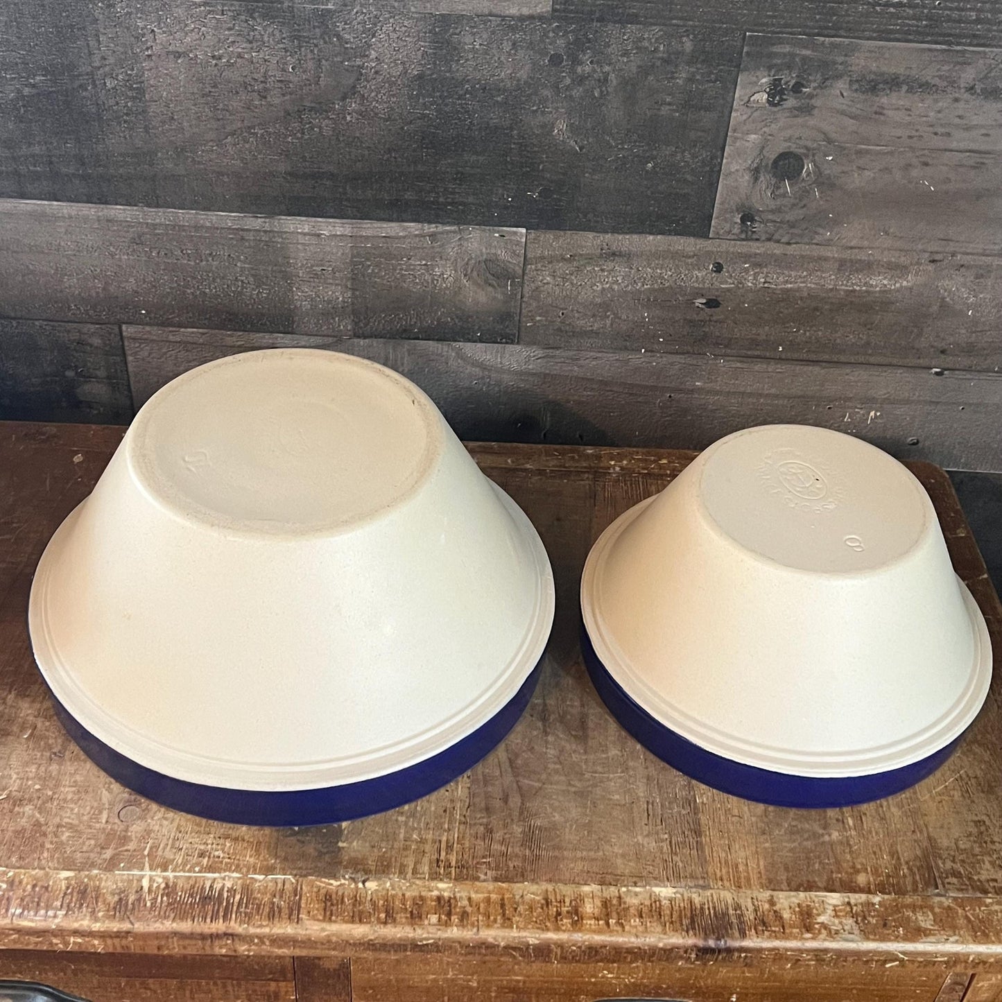 Vintage Grespots Digoins Beige and Blue Glazed Rim Large and Medium Mixing Bowls