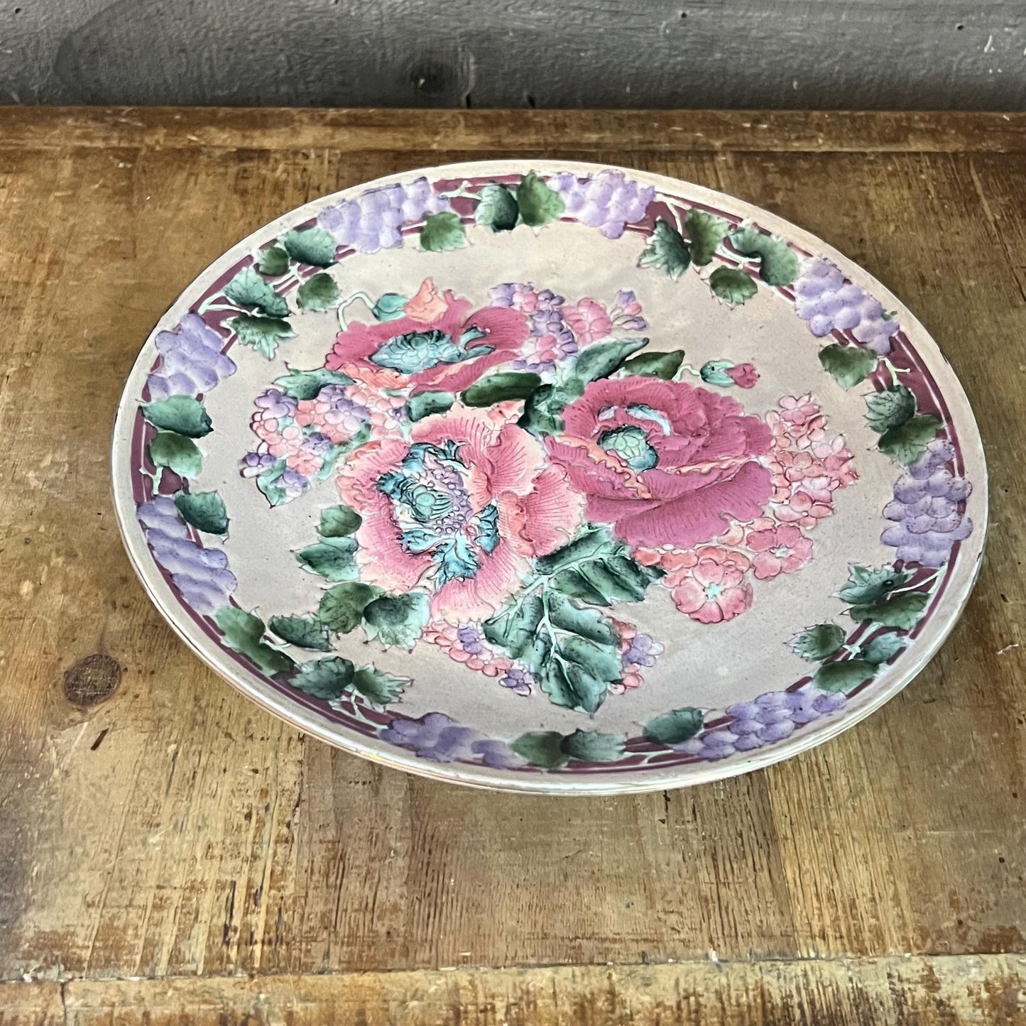 Vintage Hand Painted Porcelain Floral and Grapevine Round Plate