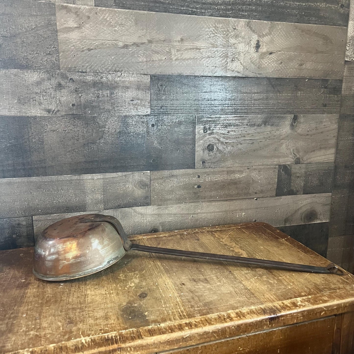 Antique Copper on Tin Ladle with Long Iron Handle