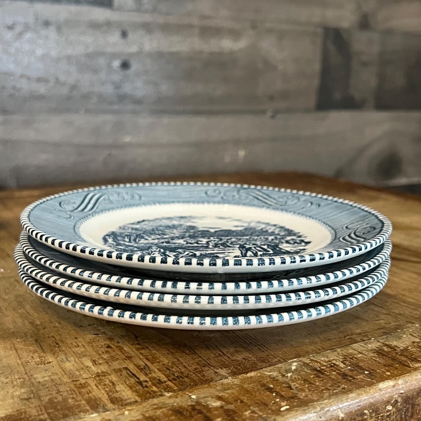 Vintage Royal China USA Currier and Ives Blue Bread and Butter Small Plates - Set of 4