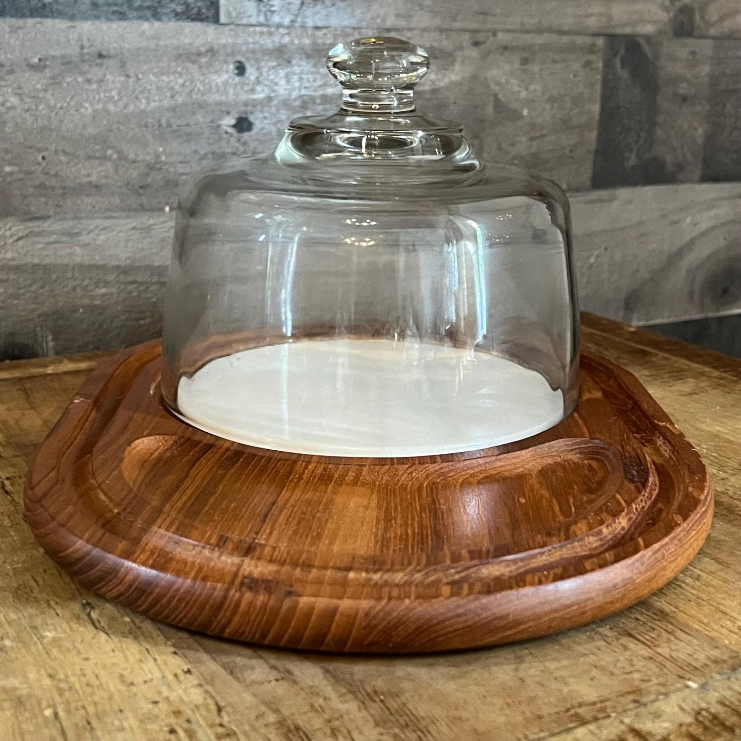 Vintage Wooden Cheese Board with Round Marble and Glass Dome - Dolphin Teakwood